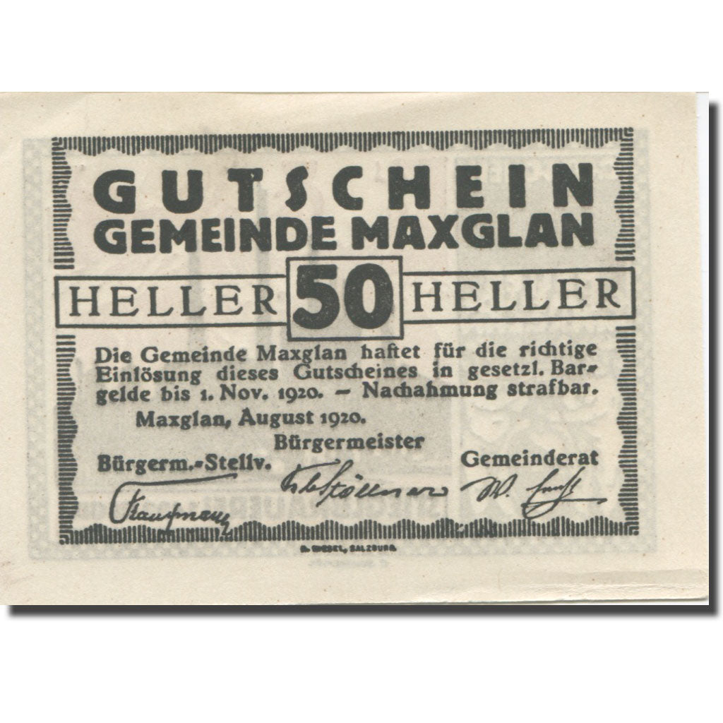 Banknote, Austria, Maxglan, 50 Heller, Texte 3, 1920, 1920-11-01, AU(55-58)