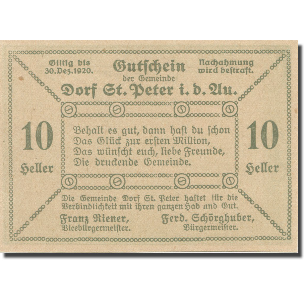 Banknote, Austria, St. Peter in der Au N.Ö. Dorf, 10 Heller, Texte, 1920