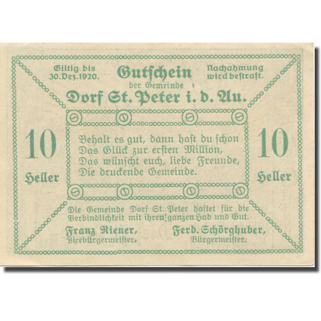Banknote, Austria, St. Peter in der Au N.Ö. Dorf, 10 Heller, texte 1, 1920