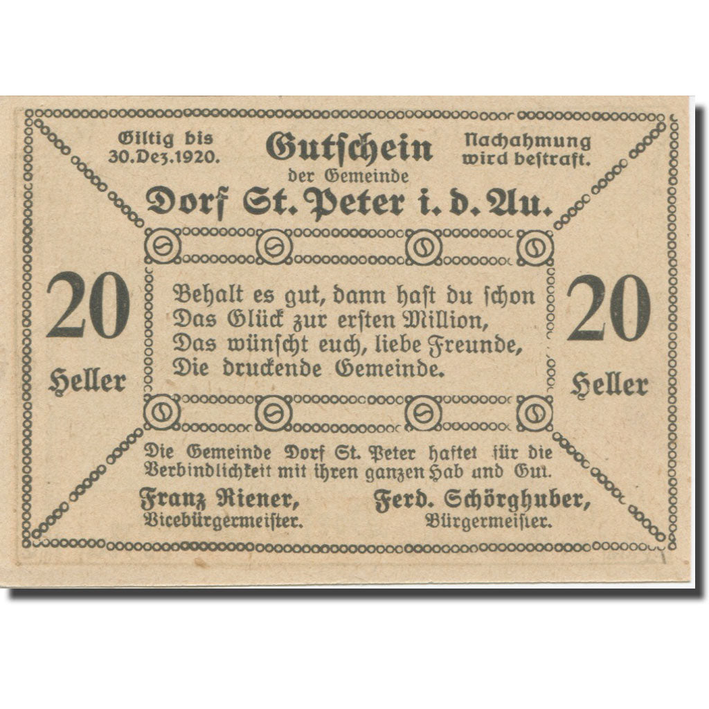Banknote, Austria, St. Peter in der Au N.Ö. Dorf, 20 Heller, Texte 2, 1920