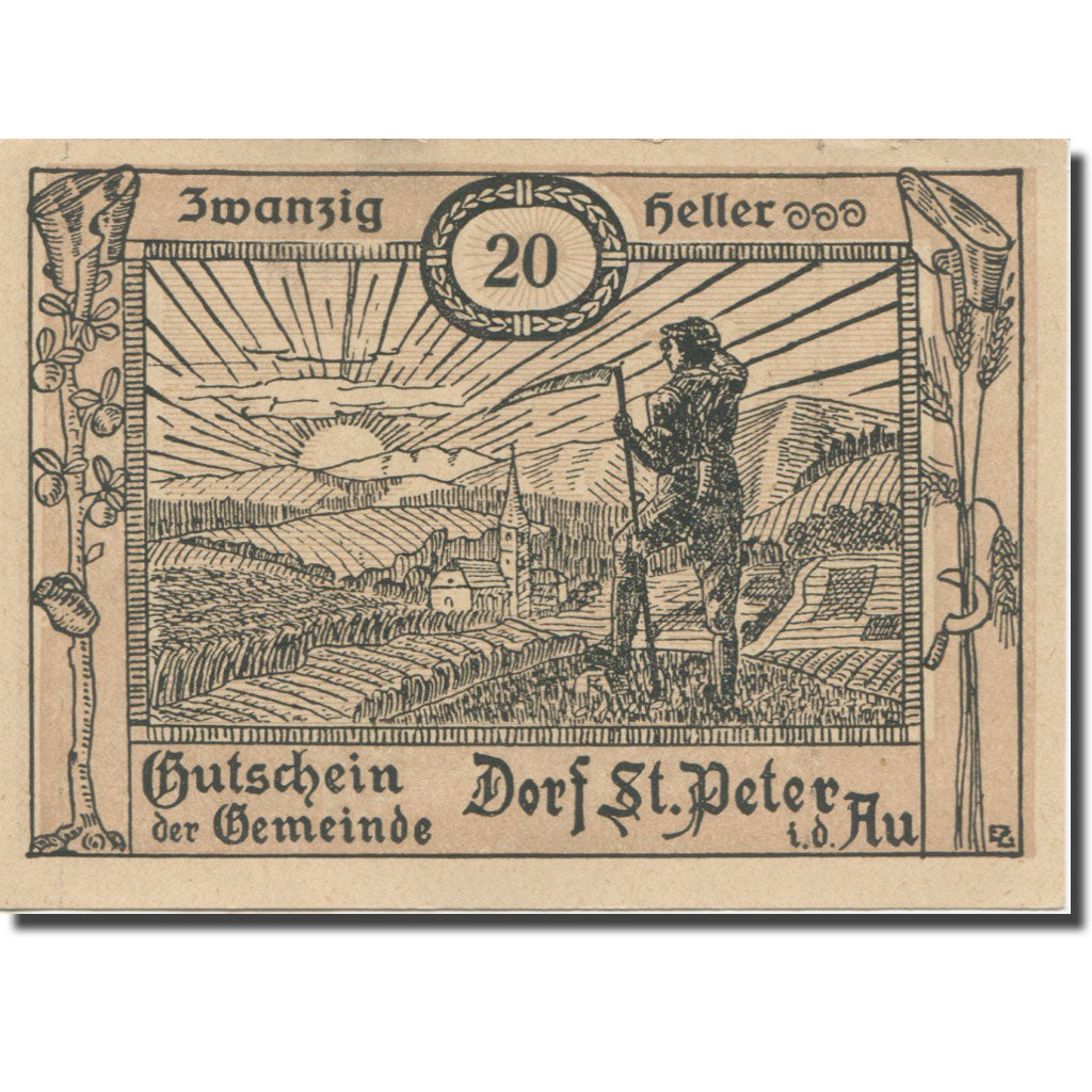 Banknote, Austria, St. Peter in der Au N.Ö. Dorf, 20 Heller, Texte 3, 1920