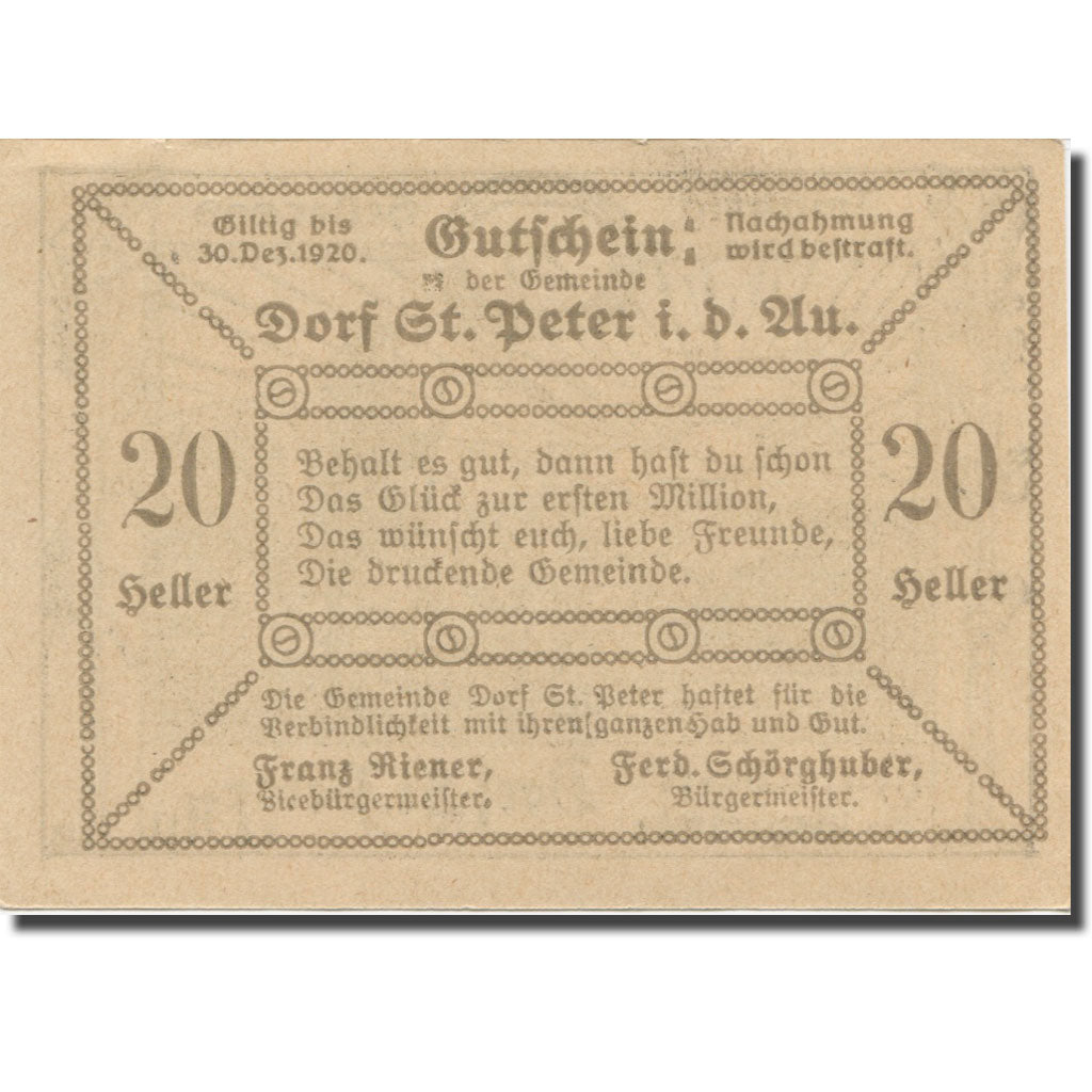 Banknote, Austria, St. Peter in der Au N.Ö. Dorf, 20 Heller, Texte 3, 1920