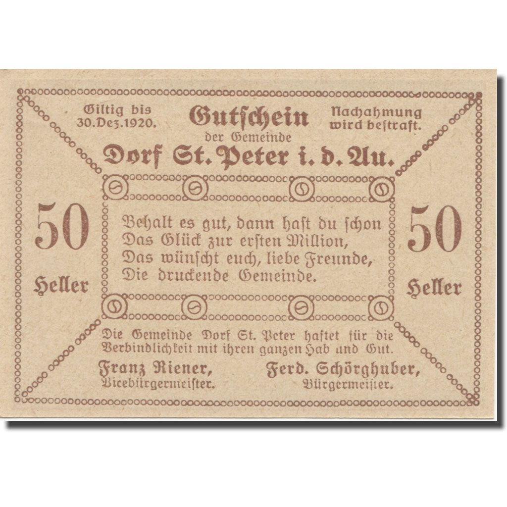 Banknote, Austria, St. Peter in der Au N.Ö. Dorf, 50 Heller, Texte 4, 1920