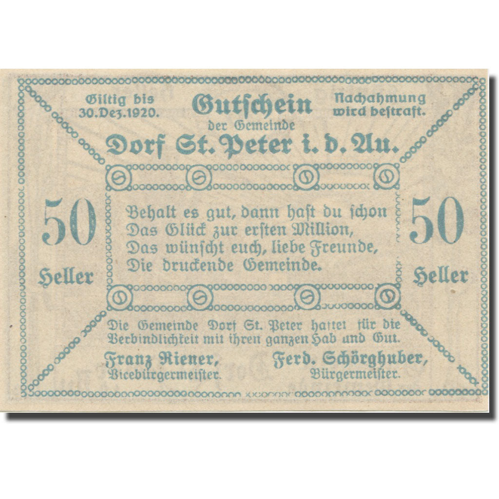 Banknote, Austria, St. Peter in der Au N.Ö. Dorf, 50 Heller, Texte  5, 1920