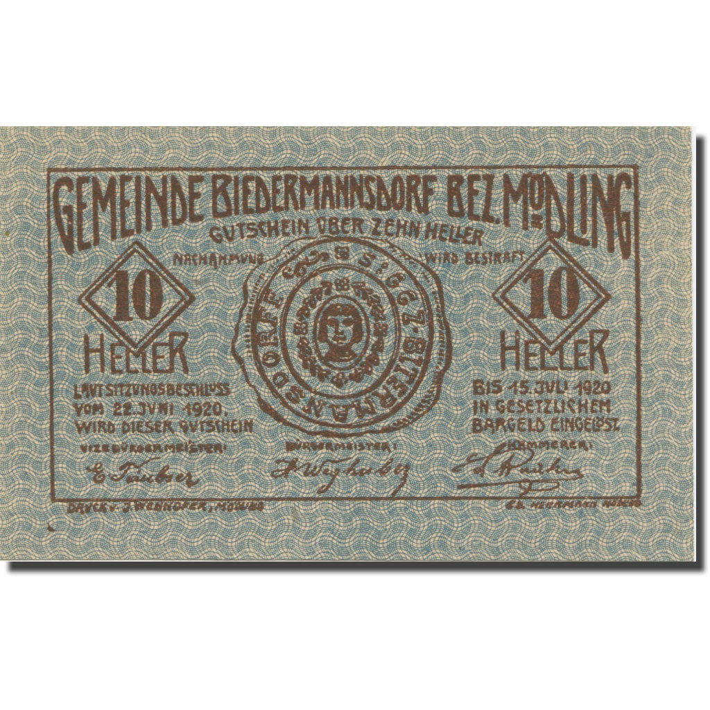 Banknote, Austria, Biedermannsdorf, N.Ö., Gemeinde, 10 Heller, N.D, 1920
