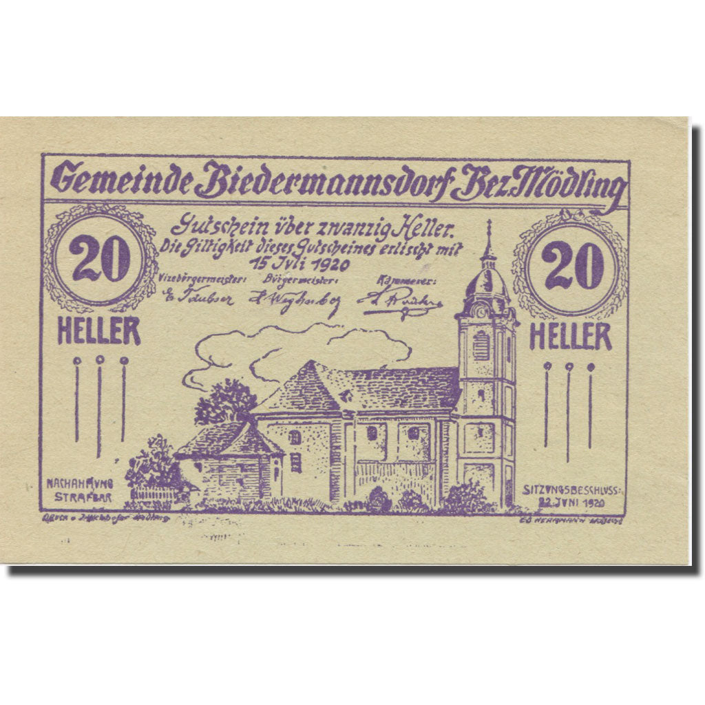 Banknote, Austria, Biedermannsdorf, N.Ö., Gemeinde, 20 Heller, N.D, 1920