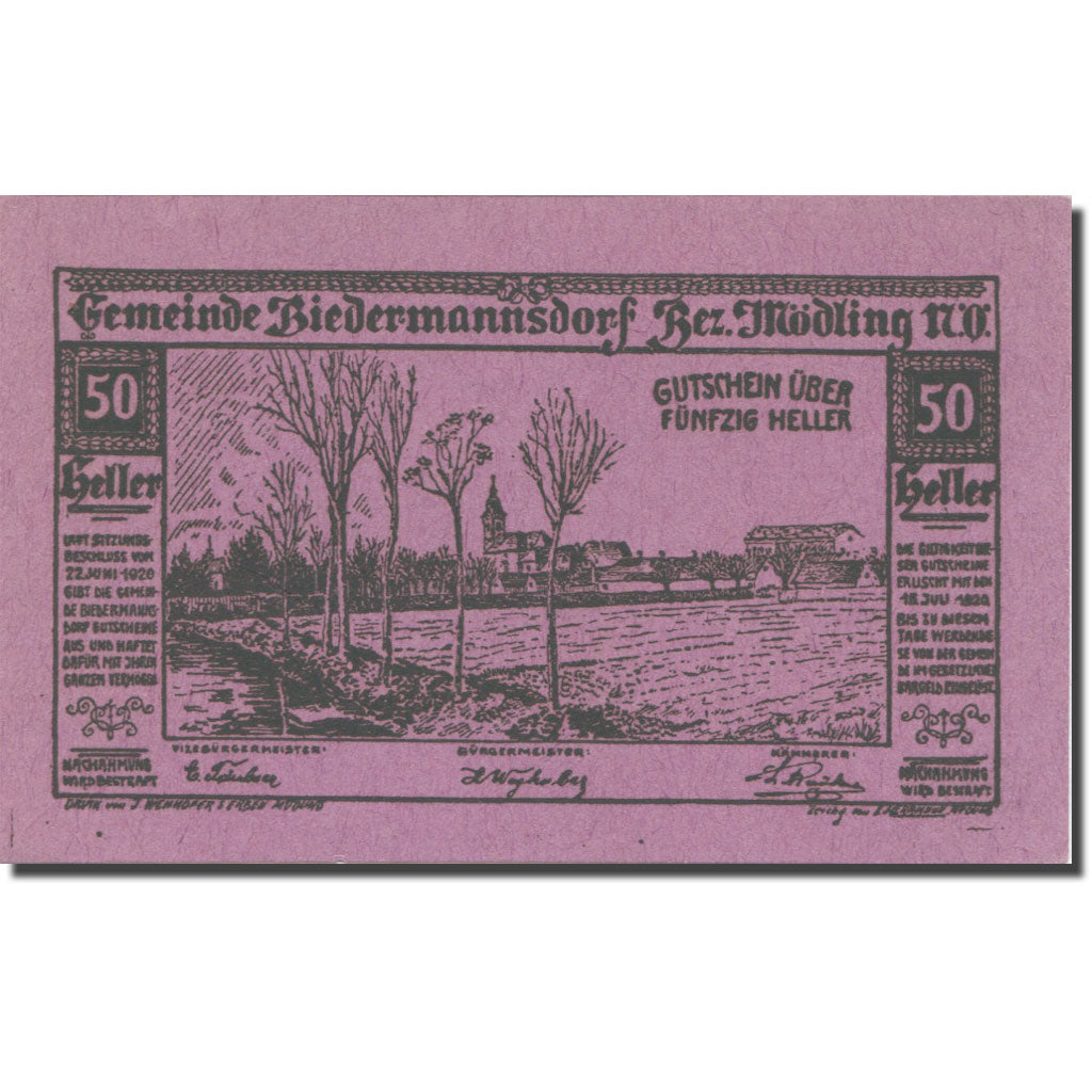 Banknote, Austria, Biedermannsdorf, N.Ö., Gemeinde, 50 Heller, N.D, 1920