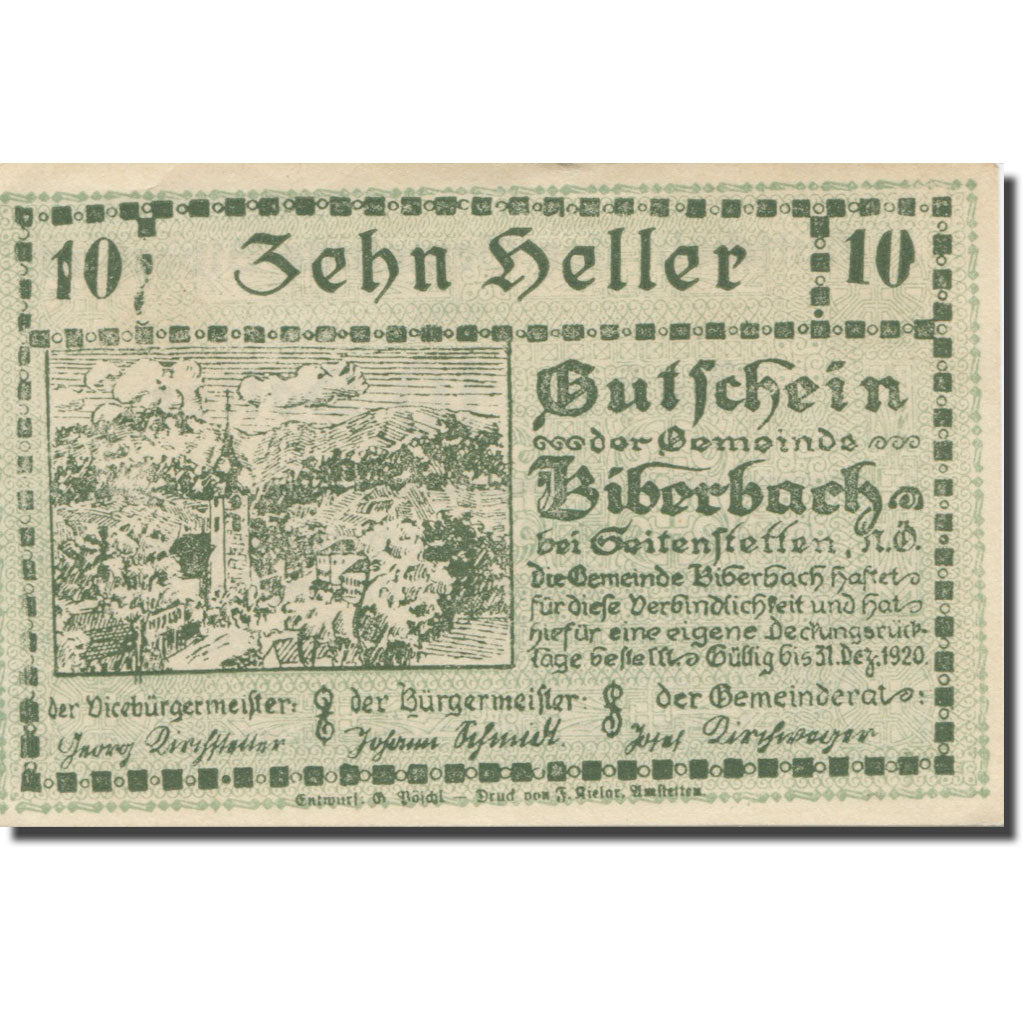 Banknote, Austria, Biberbach, 10 Heller, Texte, 1920, 1920-12-31, AU(55-58)