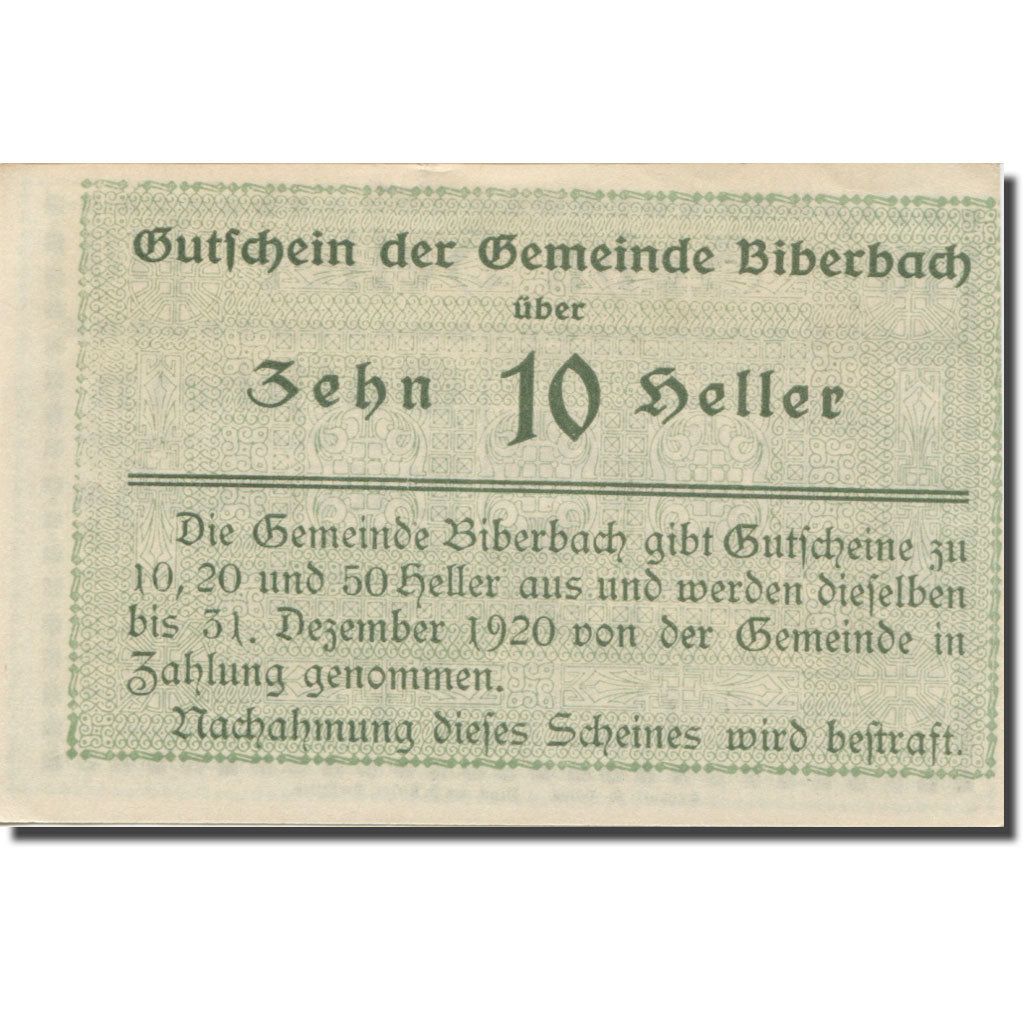 Banknote, Austria, Biberbach, 10 Heller, Texte, 1920, 1920-12-31, AU(55-58)