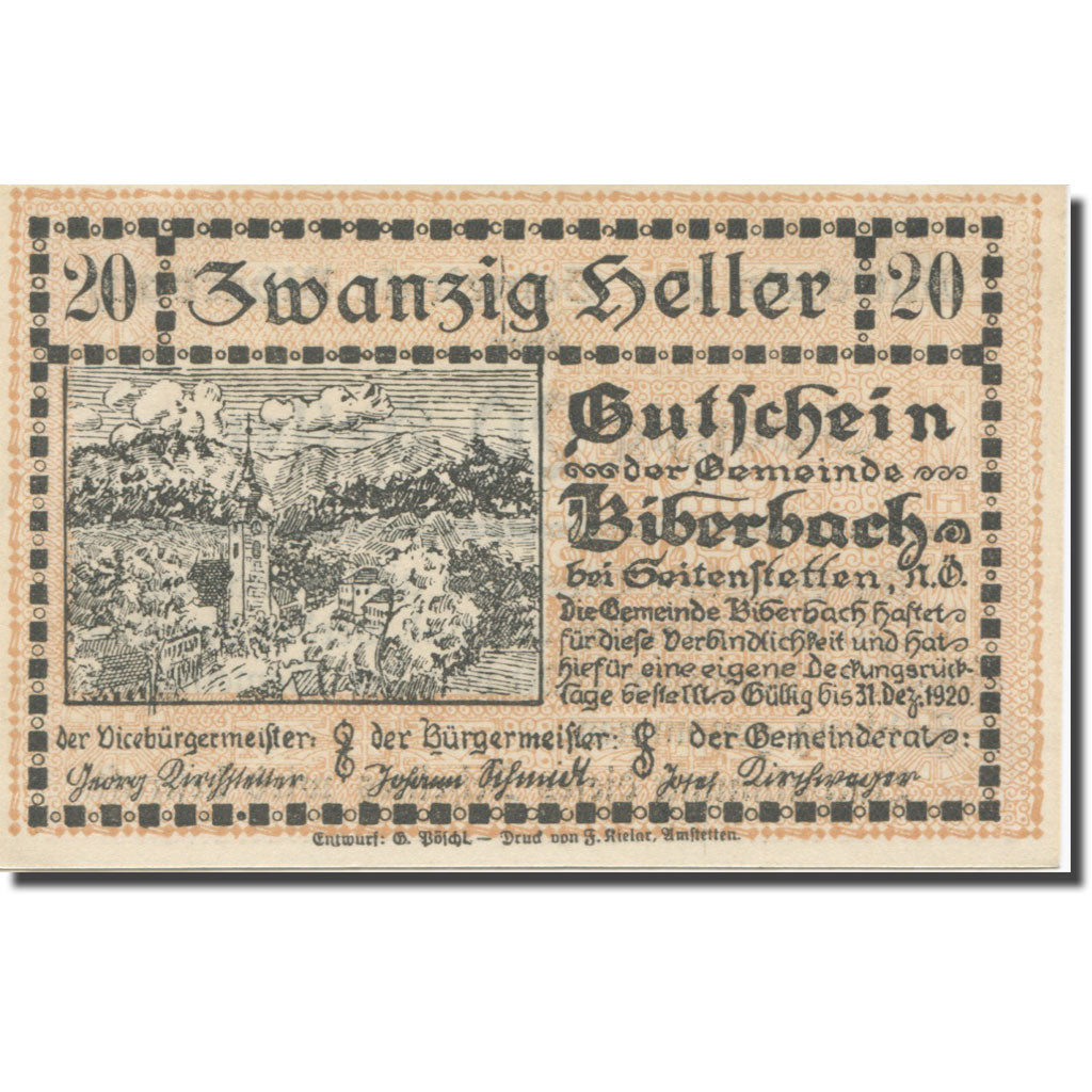 Banknote, Austria, Biberbach, 20 Heller, texte 1, 1920, 1920-12-31, AU(55-58)