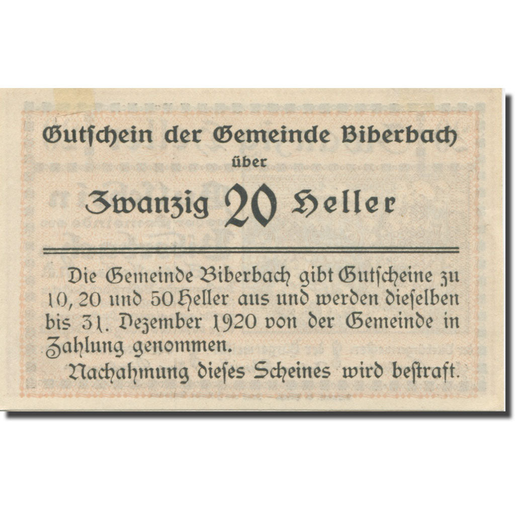 Banknote, Austria, Biberbach, 20 Heller, texte 1, 1920, 1920-12-31, AU(55-58)