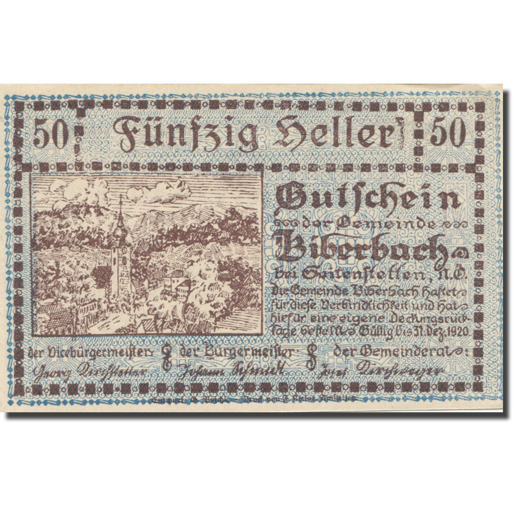 Banknote, Austria, Biberbach, 50 Heller, Texte 2, 1920, 1920-12-31, AU(55-58)