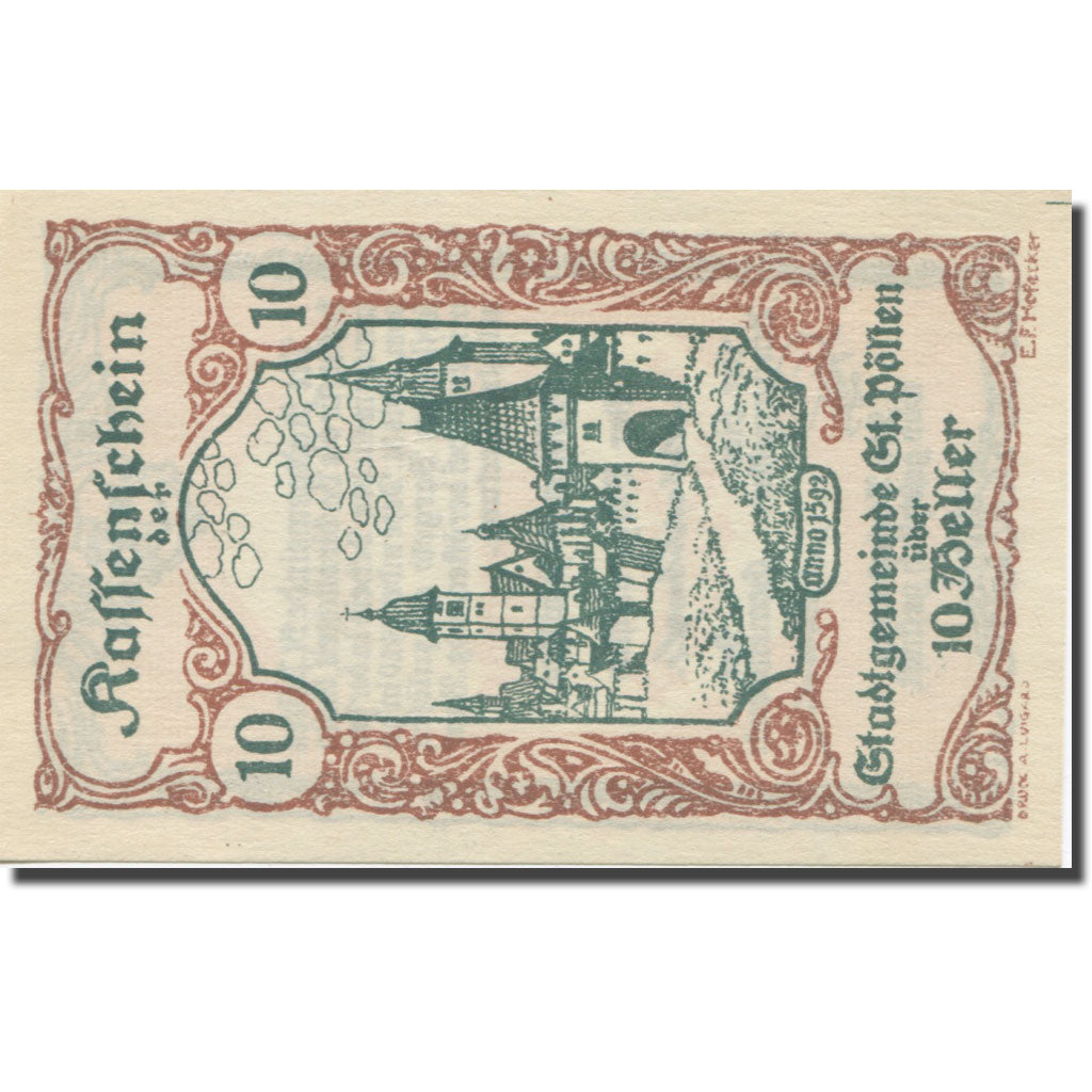 Banknote, Austria, St. Pölten N.Ö. Stadtgemeinde, 10 Heller, Texte, 1920