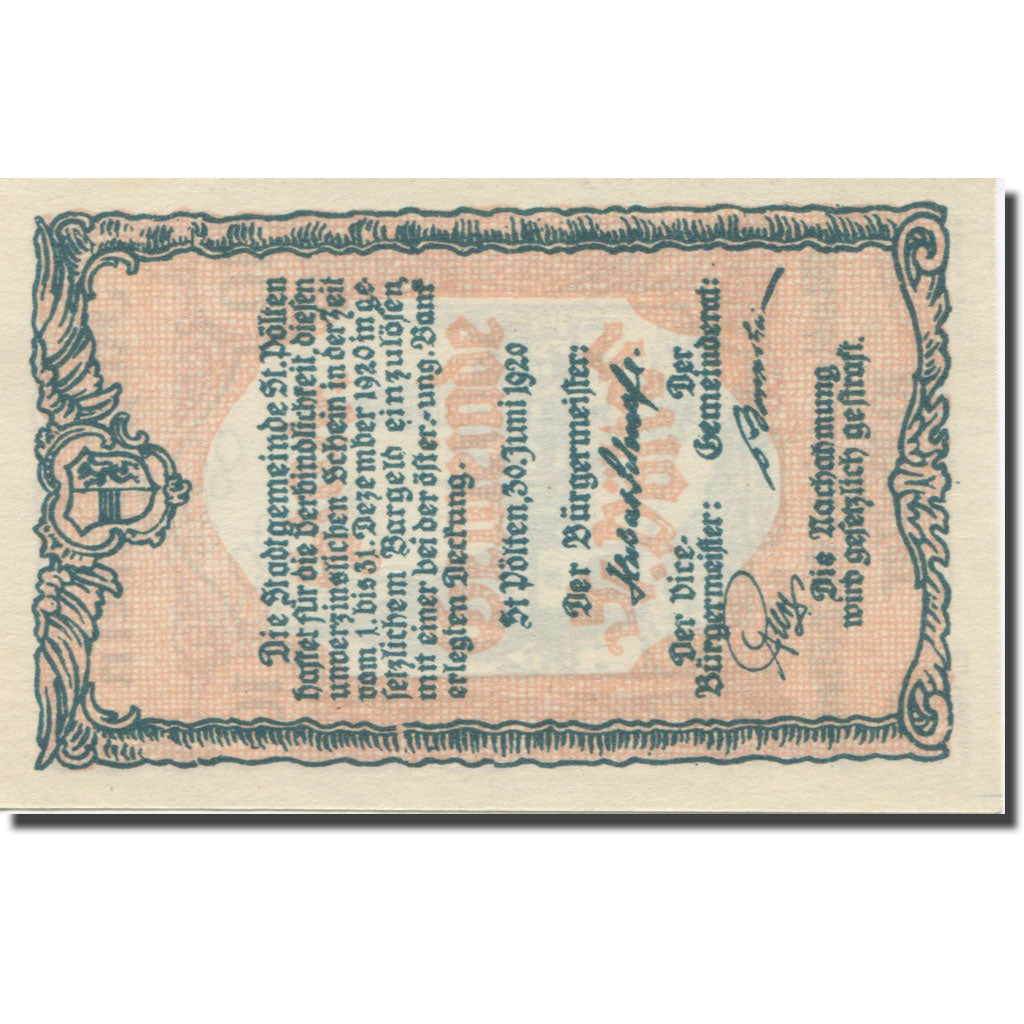 Banknote, Austria, St. Pölten N.Ö. Stadtgemeinde, 10 Heller, Texte, 1920