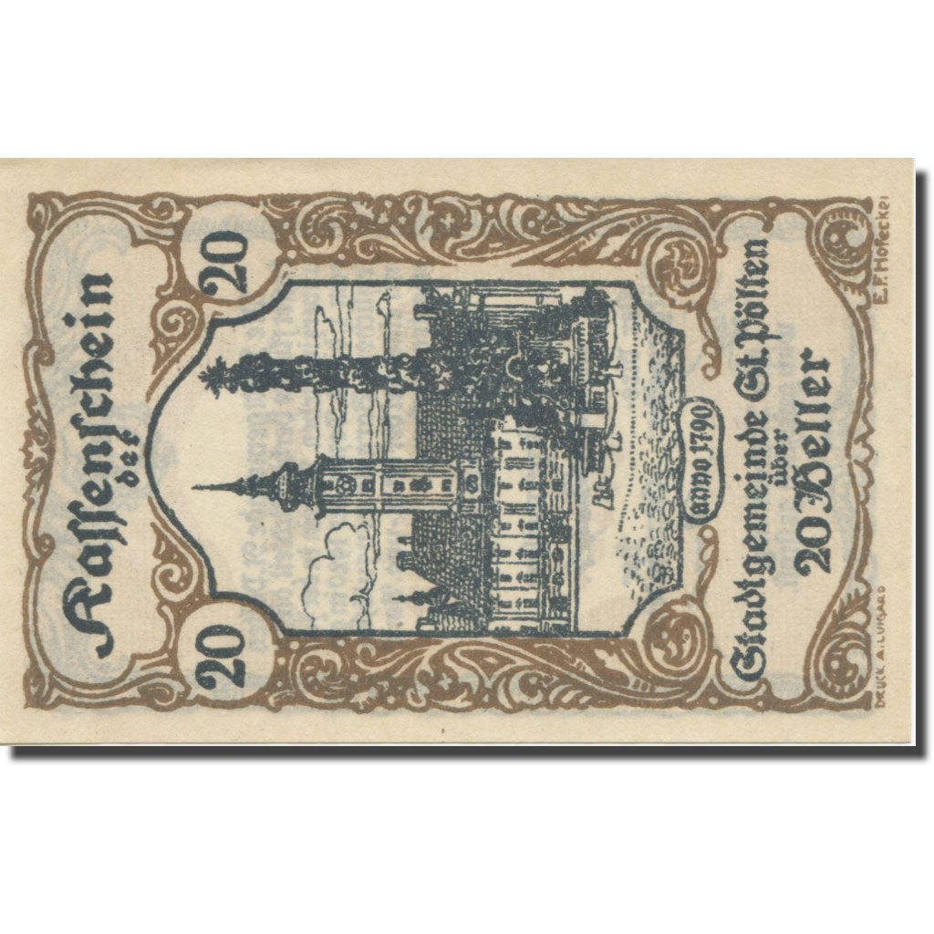 Banknote, Austria, St. Pölten N.Ö. Stadtgemeinde, 20 Heller, Texte 2, 1920