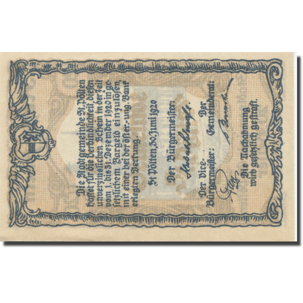 Banknote, Austria, St. Pölten N.Ö. Stadtgemeinde, 20 Heller, Texte 2, 1920