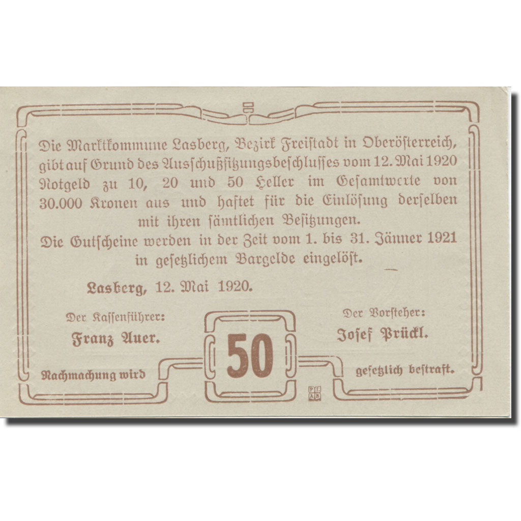 Banknote, Austria, Lasberg, 50 Heller, texte 1, 1921, 1921-01-31, AU(55-58)