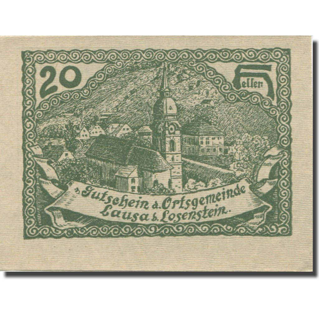 Banknote, Austria, Lausa bei Losenstein O.Ö. Ortsgemeinde, 20 Heller, Texte 2