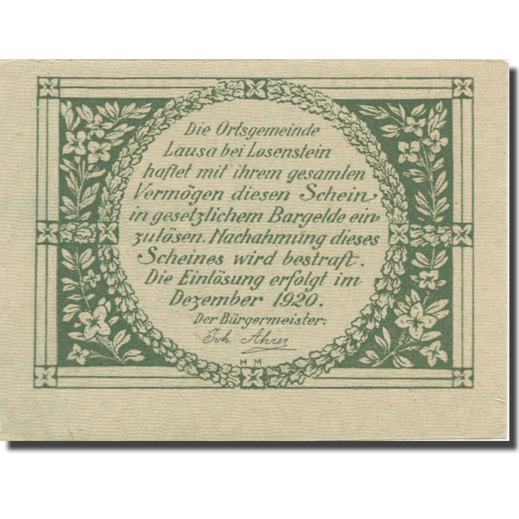Banknote, Austria, Lausa bei Losenstein O.Ö. Ortsgemeinde, 20 Heller, Texte 2