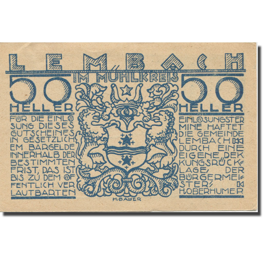 Banknote, Austria, Lembach, 50 Heller, Blason 2, AU(55-58), Mehl:FS 510I