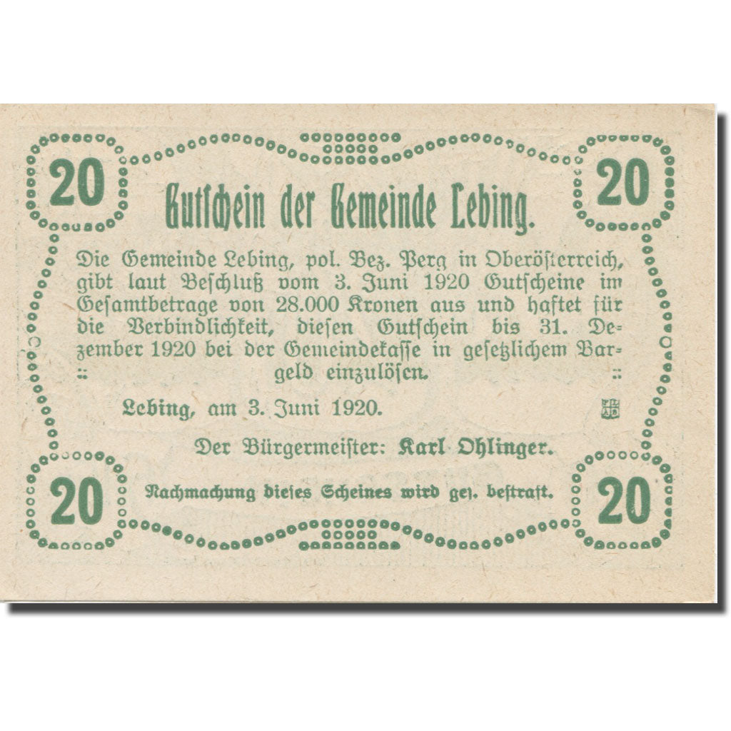 Banknote, Austria, Lebing O.Ö. Gemeinde, 20 Heller, texte 1, 1920, 1920-12-31