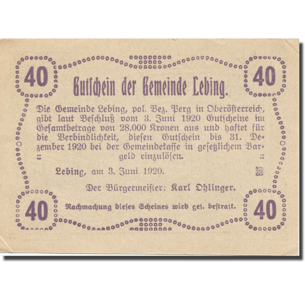 Banknote, Austria, Lebing O.Ö. Gemeinde, 40 Heller, Texte 3, 1920, 1920-12-31