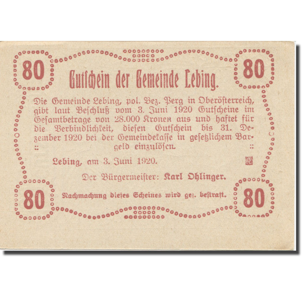 Banknote, Austria, Lebing O.Ö. Gemeinde, 80 Heller, Texte 4, 1920, 1920-12-31