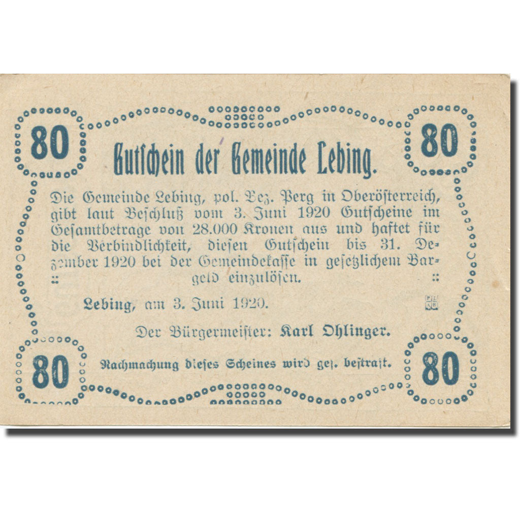 Banknote, Austria, Lebing O.Ö. Gemeinde, 80 Heller, Texte  5, 1920, 1920-12-31