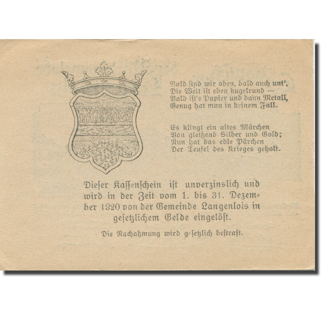 Banknote, Austria, Langenlois, 50 Heller, Texte 2, 1920, 1920-12-31, AU(55-58)