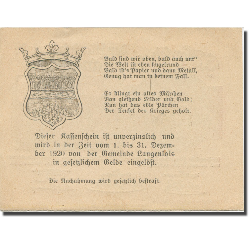 Banknote, Austria, Langenlois, 50 Heller, Texte 3, 1920, 1920-12-31, AU(55-58)