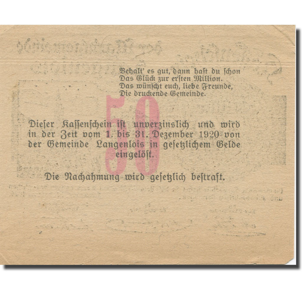 Banknote, Austria, Langenlois, 50 Heller, Texte  5, 1920, 1920-12-31, AU(55-58)