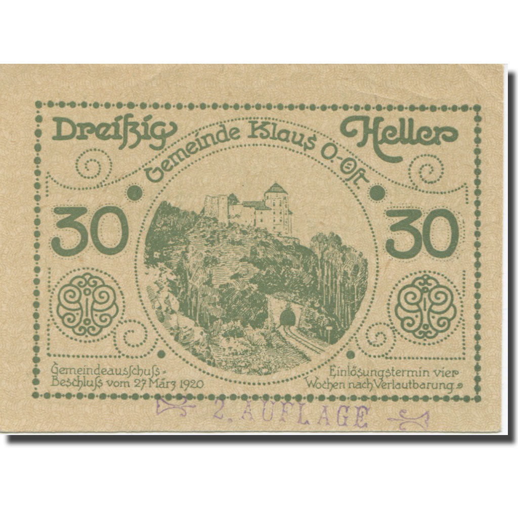 Banknote, Austria, Klaus, 30 Heller, village, 1920, 1920-03-27, AU(55-58)