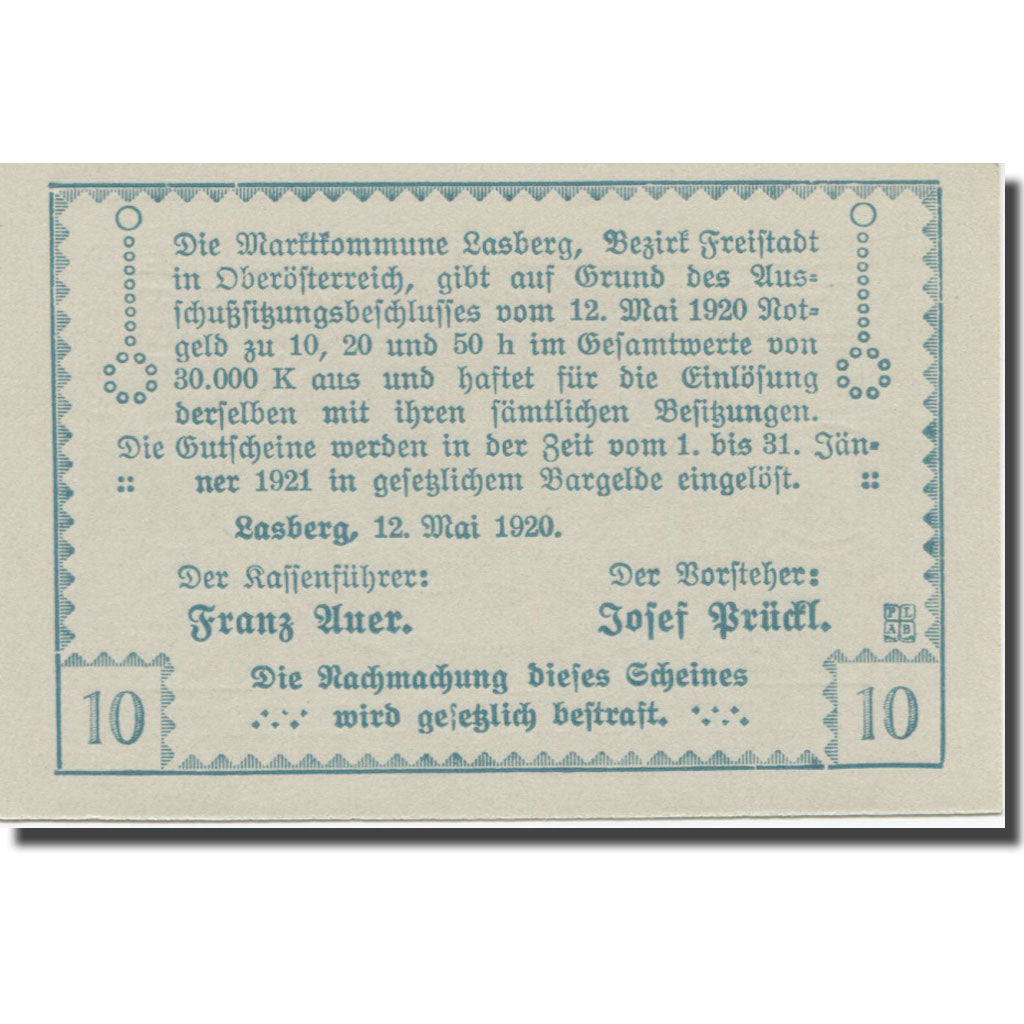Banknote, Austria, Lasberg, 10 Heller, Texte, 1921, 1921-01-31, AU(55-58)