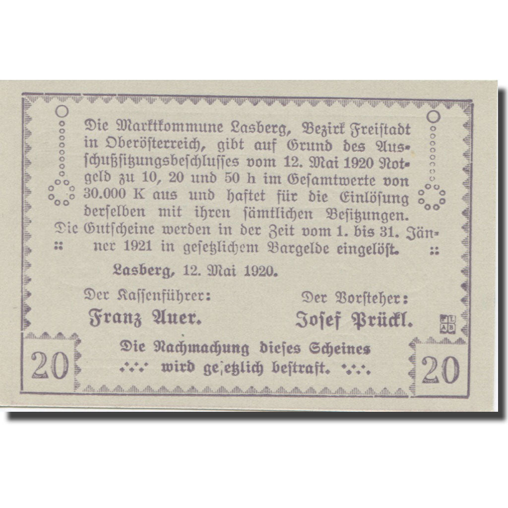 Banknote, Austria, Lasberg, 20 Heller, texte 1, 1921, 1921-01-31, AU(55-58)