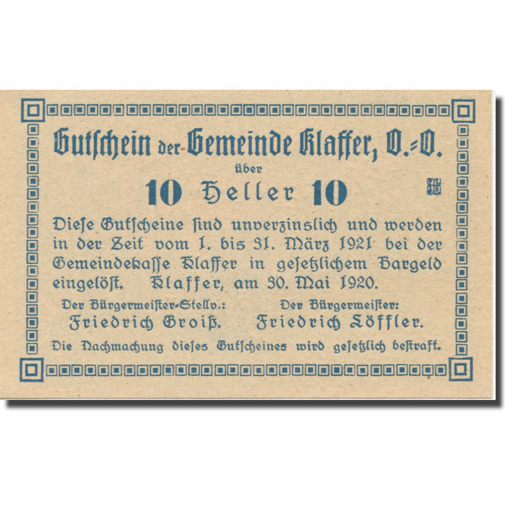 Banknote, Austria, Klaffer, 10 Heller, Texte, 1921, 1921-03-31, AU(55-58)