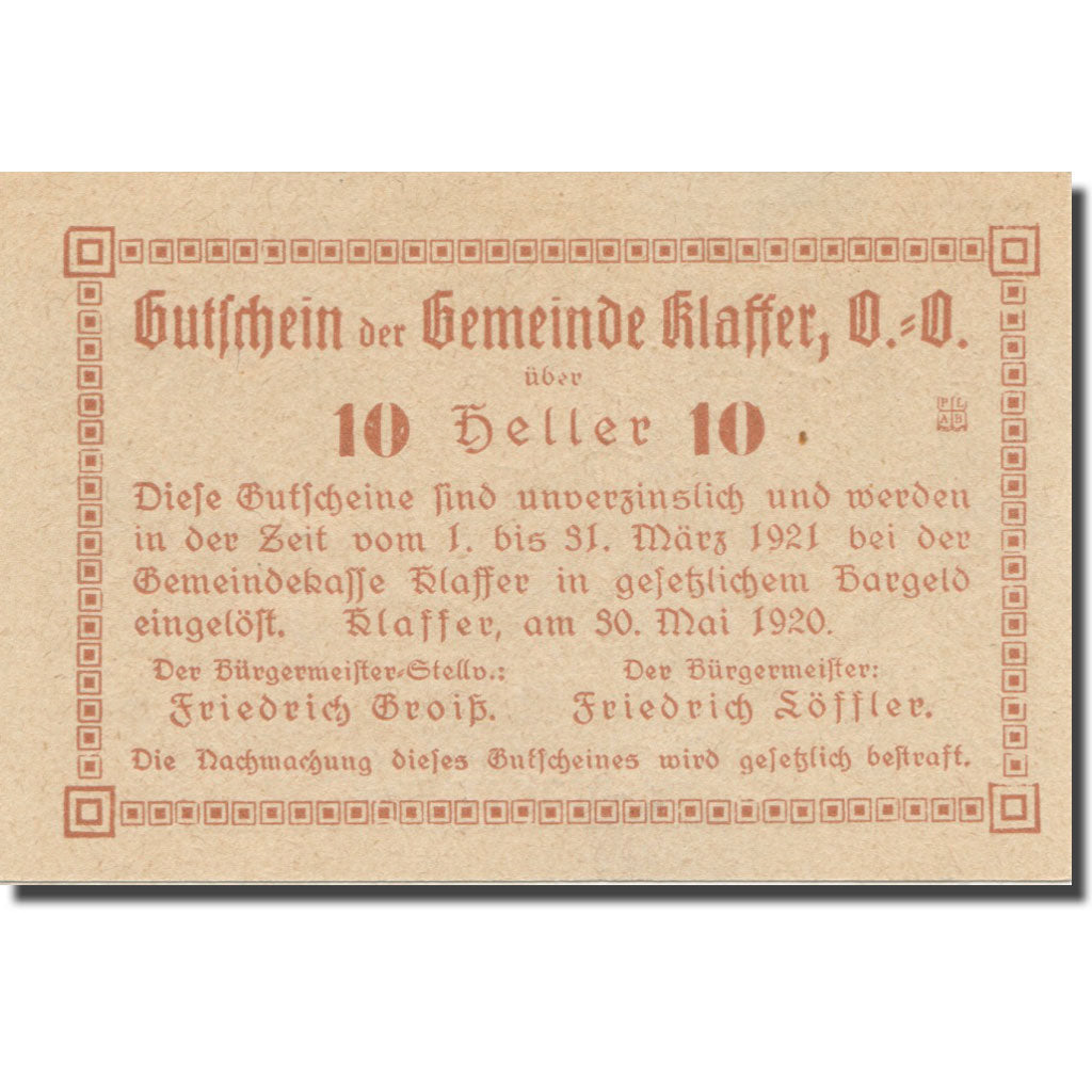 Banknote, Austria, Klaffer, 10 Heller, texte 1, 1921, 1921-03-31, AU(55-58)