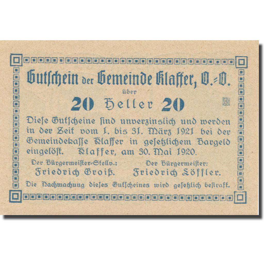 Banknote, Austria, Klaffer, 20 Heller, Texte 2, 1921, 1921-03-31, AU(55-58)
