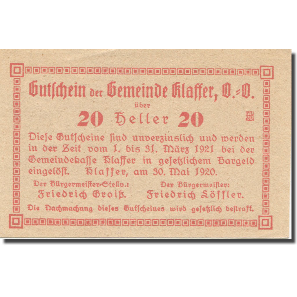 Banknote, Austria, Klaffer, 20 Heller, Texte 3, 1921, 1921-03-31, AU(55-58)