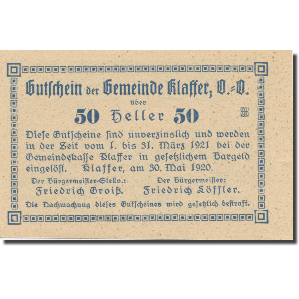 Banknote, Austria, Klaffer, 50 Heller, Texte 4, 1921, 1921-03-31, AU(55-58)