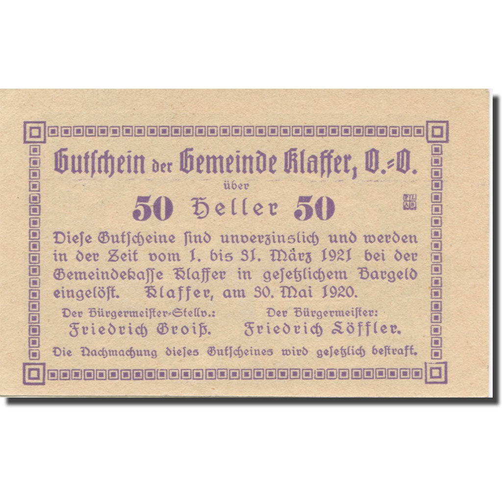 Banknote, Austria, Klaffer, 50 Heller, Texte  5, 1921, 1921-03-31, AU(55-58)