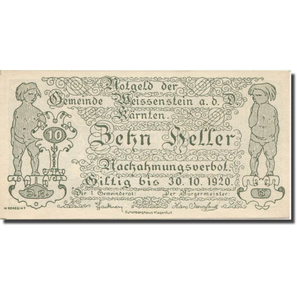Nota, Áustria, Weissenstein an der Drau Kärnten Gemeinde, 10 Heller, Blason