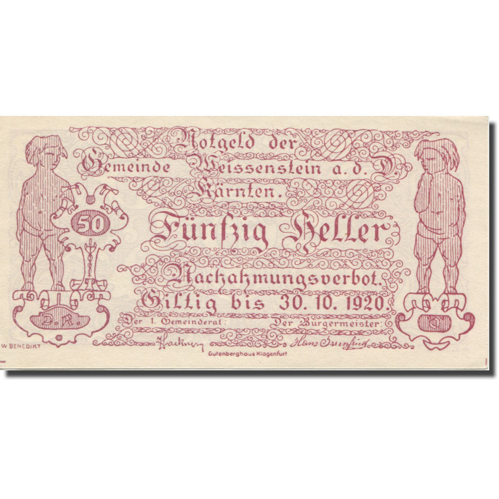 Nota, Áustria, Weissenstein an der Drau Kärnten Gemeinde, 50 Heller, Blason 2
