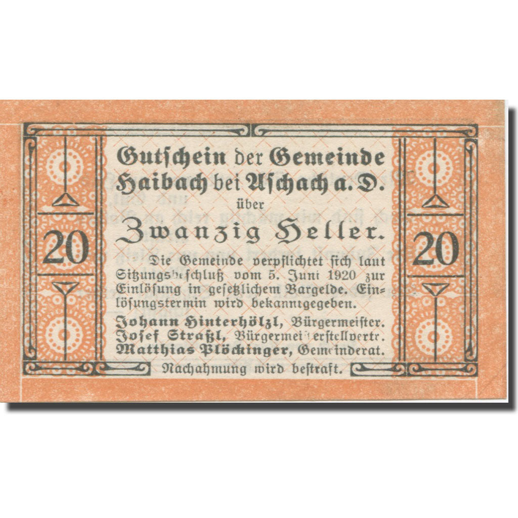 Banknote, Austria, Haibach Bei Aschach a.d. O.Ö. Gemeinde, 20 Heller, Texte 2