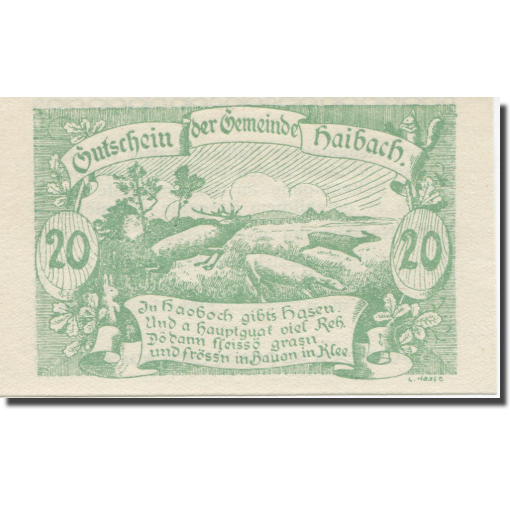 Banknote, Austria, Haibach O.Ö. Ortsgemeinde, 20 Heller, Texte, 1920