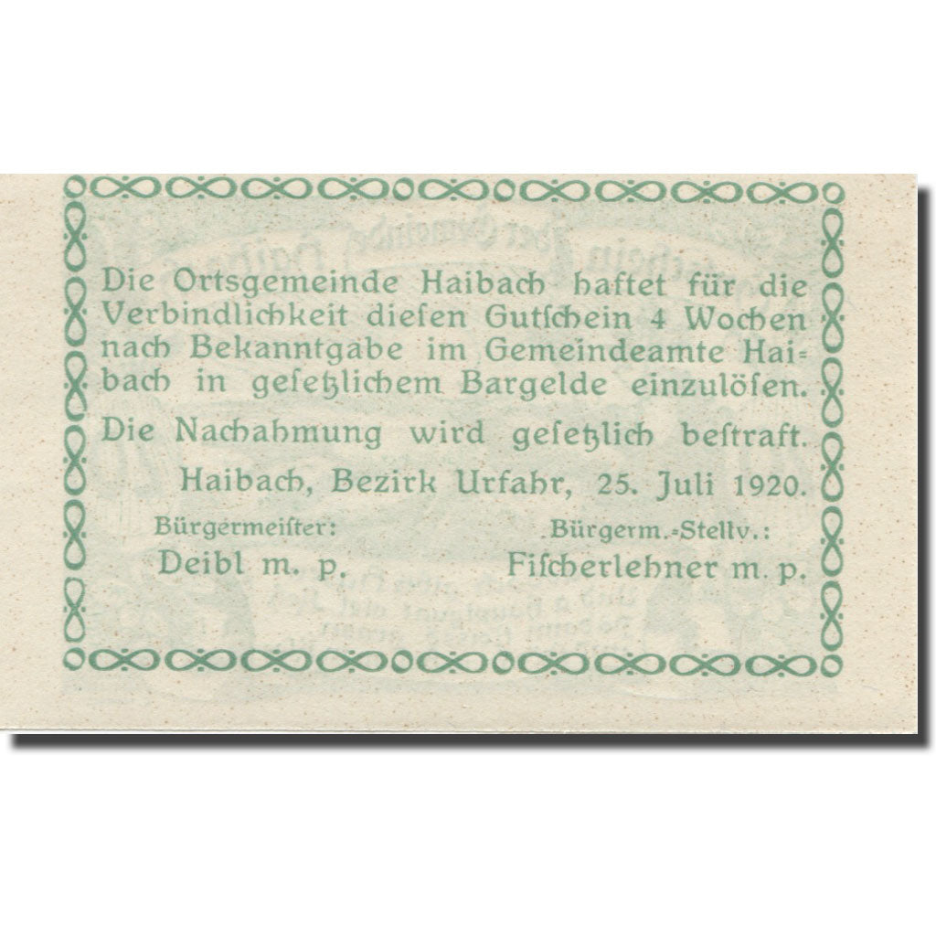Banknote, Austria, Haibach O.Ö. Ortsgemeinde, 20 Heller, Texte, 1920