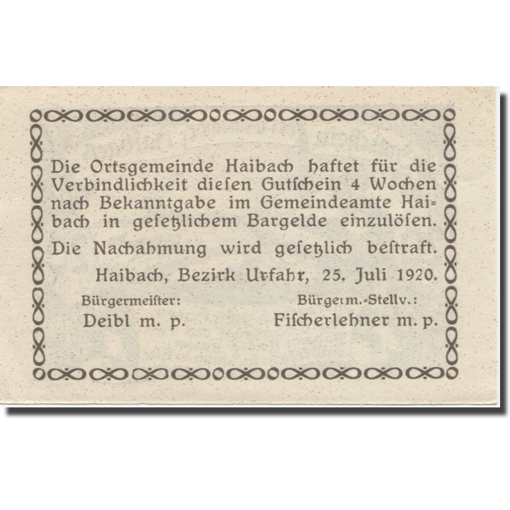 Banknote, Austria, Haibach O.Ö. Ortsgemeinde, 20 Heller, texte 1, 1920