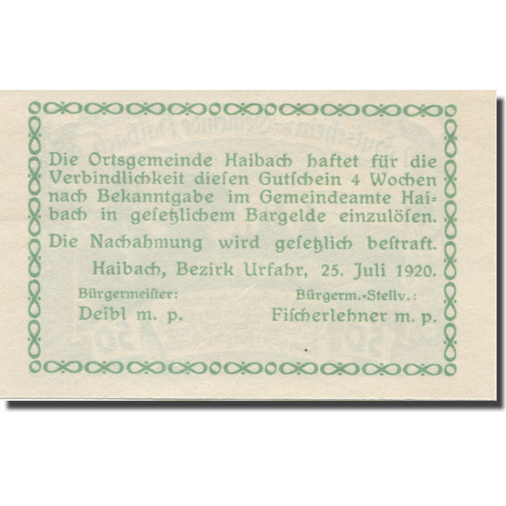 Banknote, Austria, Haibach O.Ö. Ortsgemeinde, 50 Heller, Texte 2, 1920