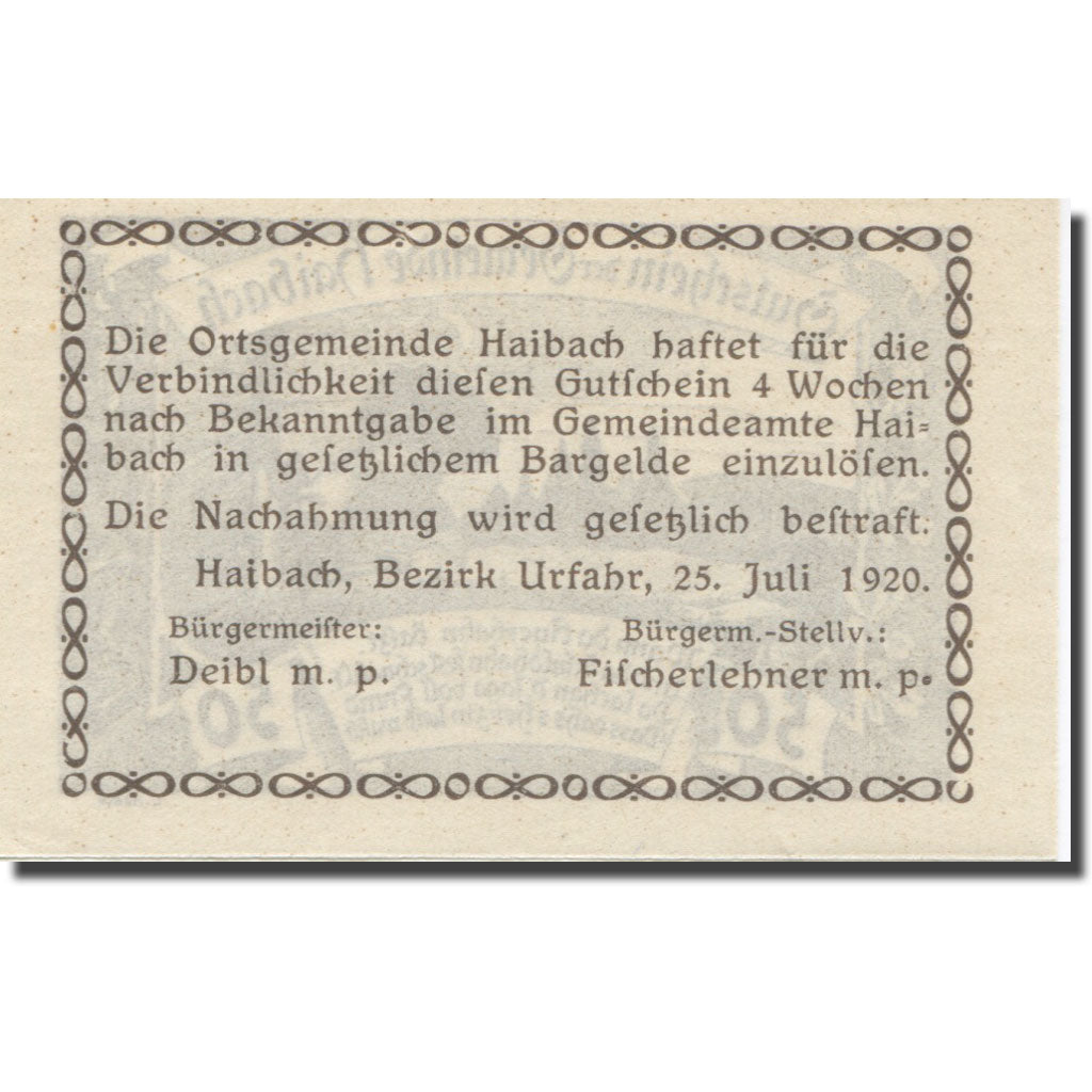 Banknote, Austria, Haibach O.Ö. Ortsgemeinde, 50 Heller, Texte 3, 1920