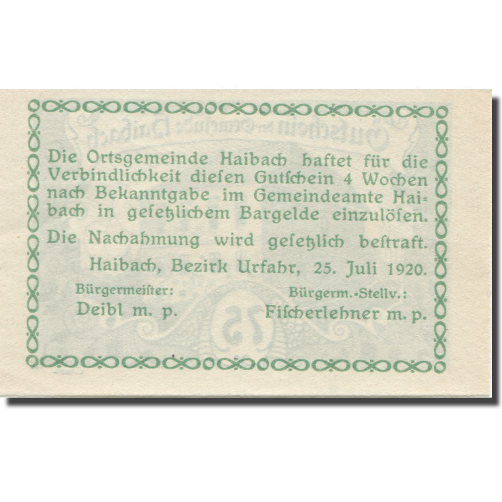 Banknote, Austria, Haibach O.Ö. Ortsgemeinde, 75 Heller, Texte 4, 1920