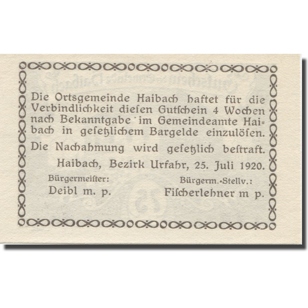 Banknote, Austria, Haibach O.Ö. Ortsgemeinde, 75 Heller, Texte  5, 1920